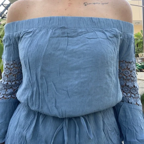 NWOT Blue Off Shoulder Drawstring Romper / Blue Off Shoulder Drawstring Playsuit - Picture 3 of 6